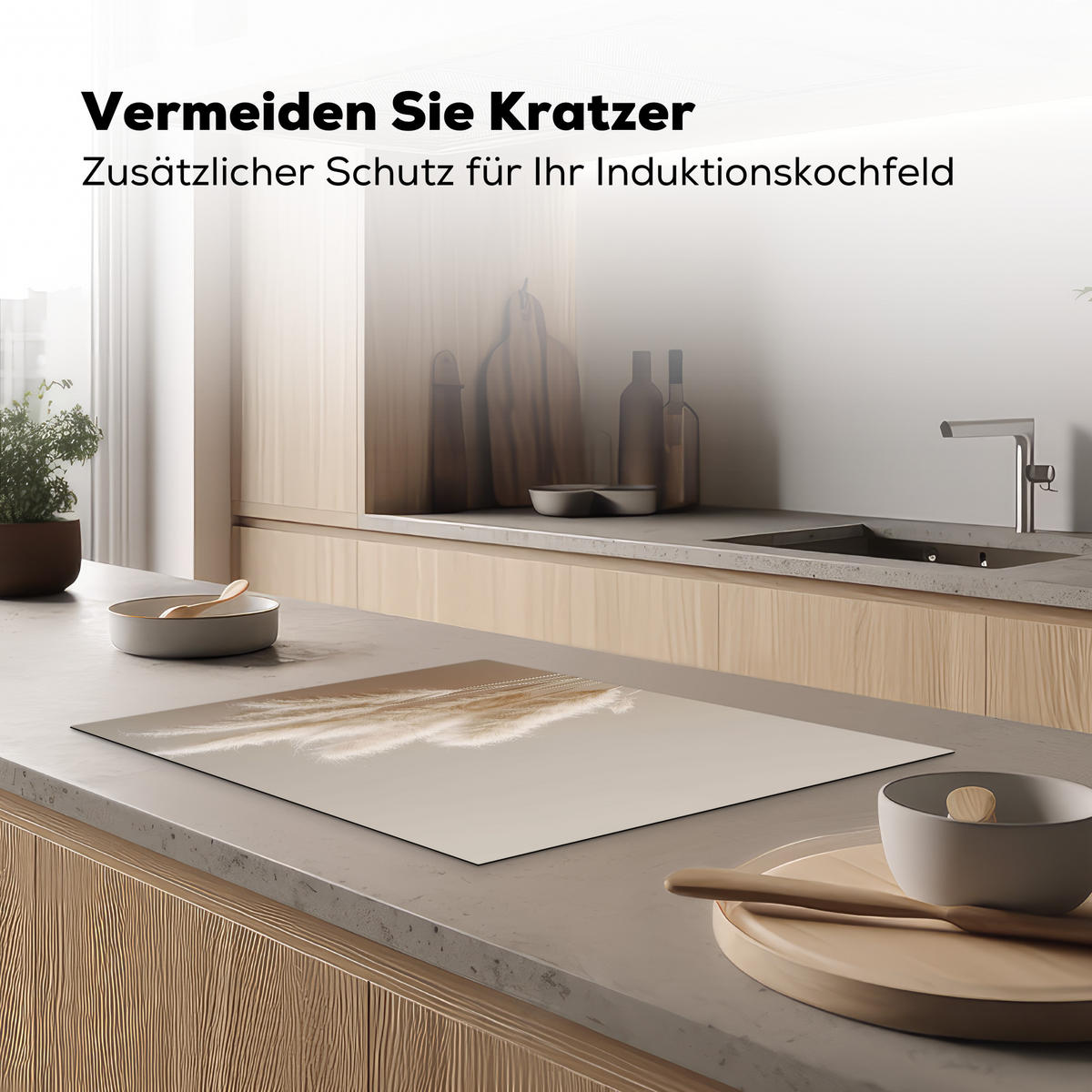 HERDABDECKPLATTE Pampasgras - Federn - Pastell - Weiß Induktionsmatte 71x52 cm - Creme, Kunststoff (71/52/0.2cm) - MuchoWow