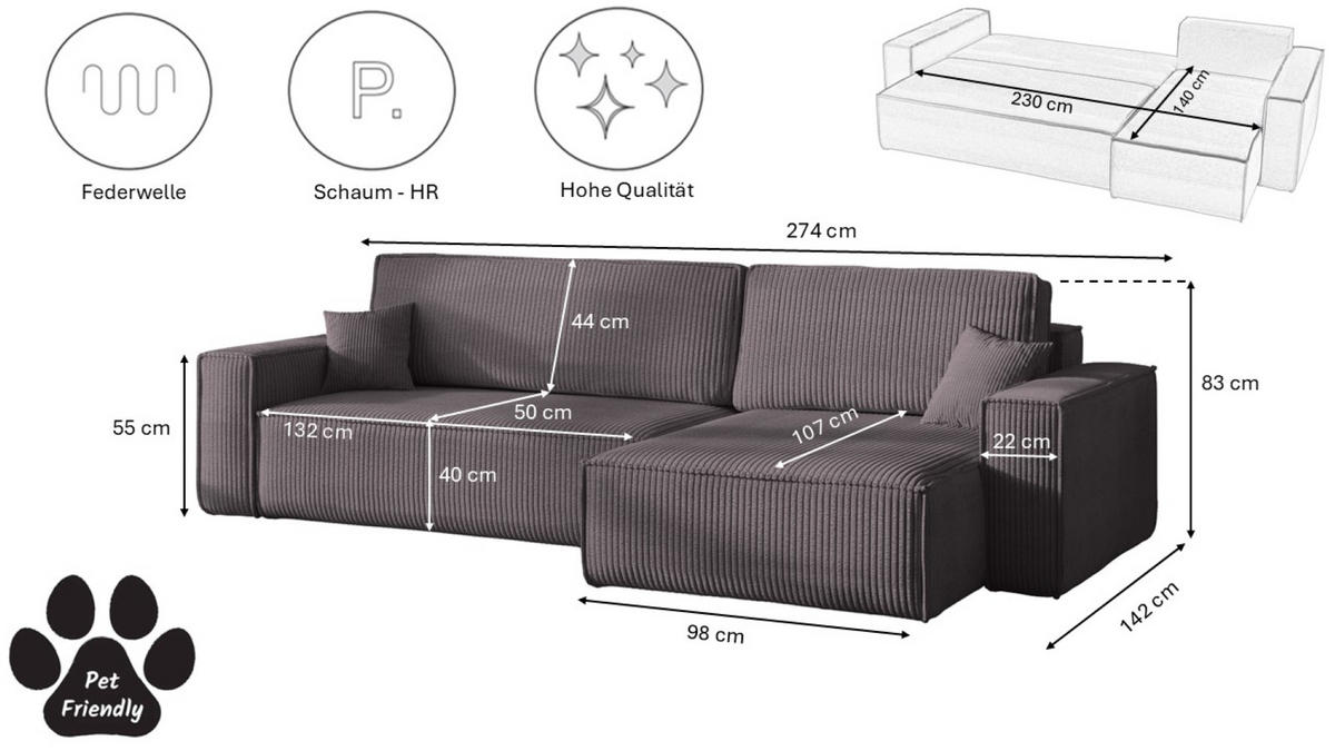 ECKSOFA Mit Schlaffunktion Und Bettkasten, Eckcouch BEST XL Stoff Poso Dicker Cord Dunkelgrau Rechts - Dunkelgrau/Schwarz, Holz/Kunststoff (274/83/142cm) - Kaiser Möbel