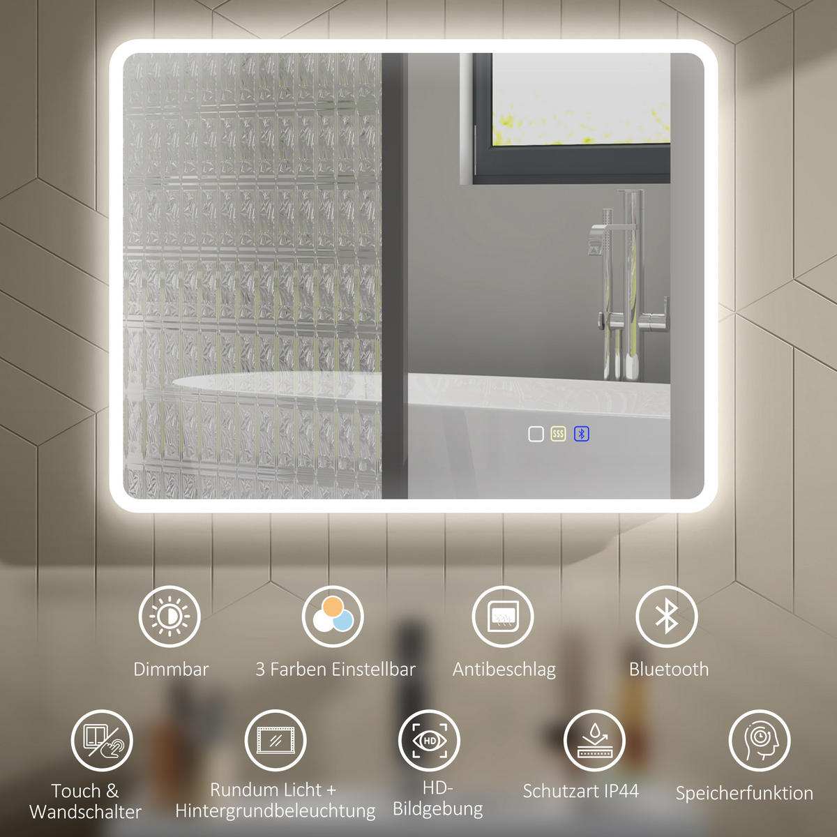 BADSPIEGEL mit Beleuchtung 90x70 cm LED Spiegel mit Bluetooth dimmbar - Silberfarben, Glas (3.5/70/90cm) - HOMCOM