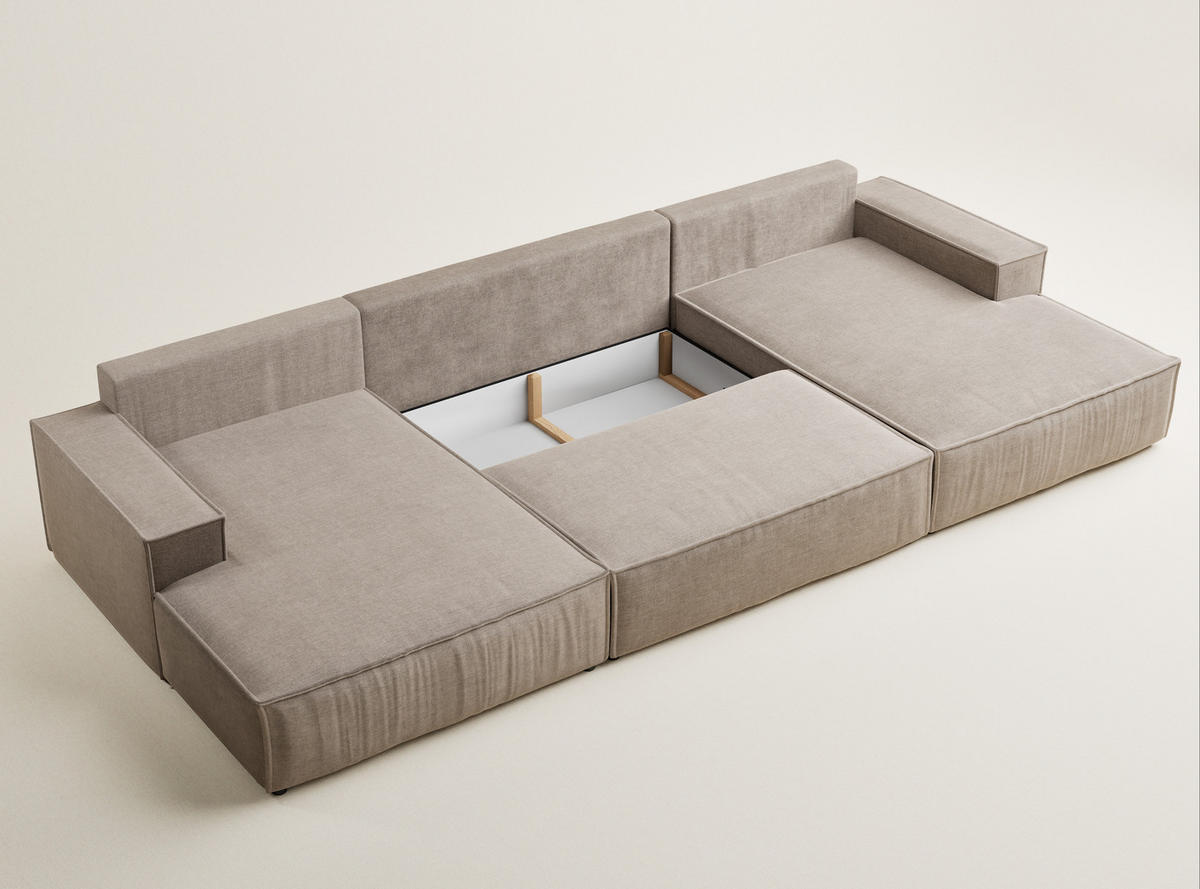 WOHNLANDSCHAFT Kyoto Grau braun Chenille-Stoff - Graubraun/Schwarz, Holz/Holzwerkstoff (398/70/148cm) - Maison de Reve