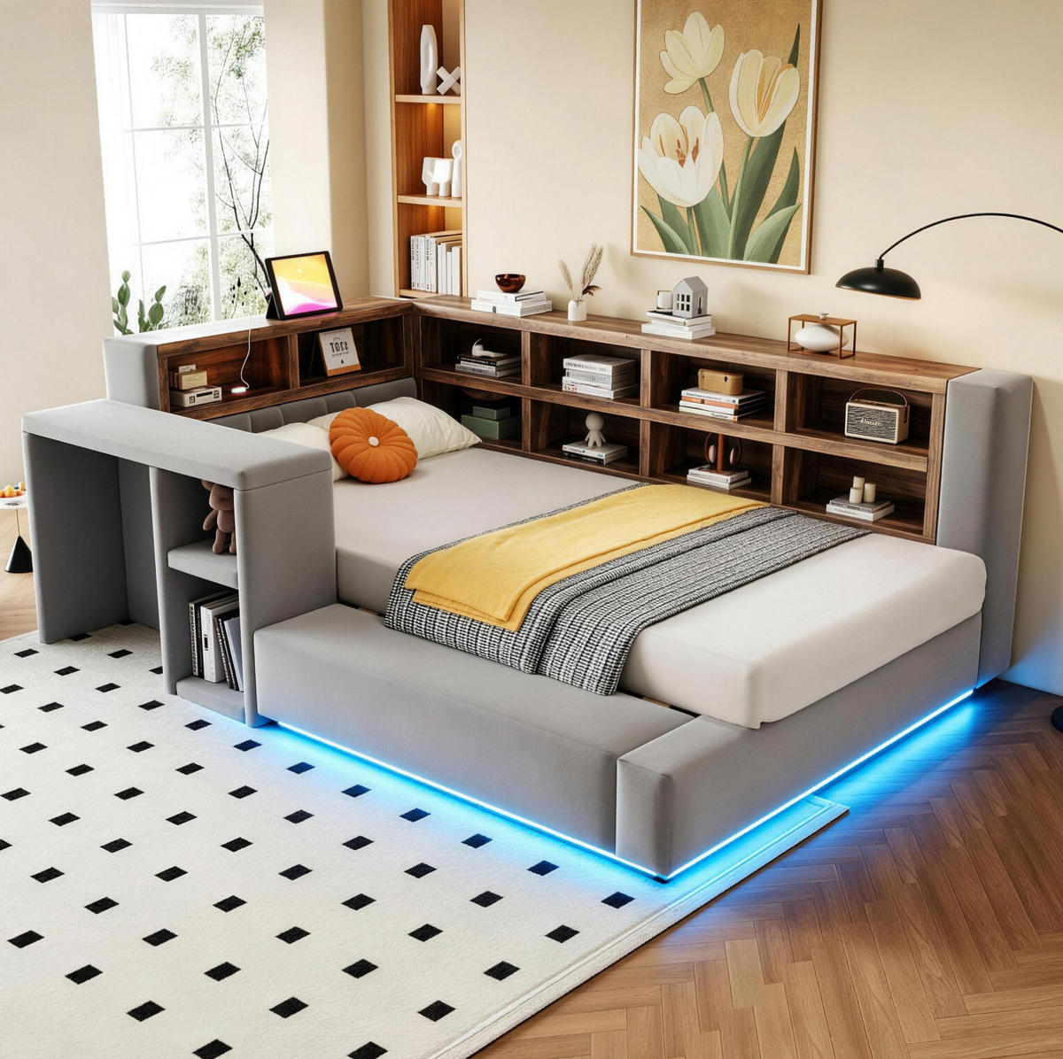 POLSTERBETT 90/200 cm aus Samtstoff mit LED, Dunkelgrau - Dunkelgrau, Textil (90/200cm) - OKMYHOME