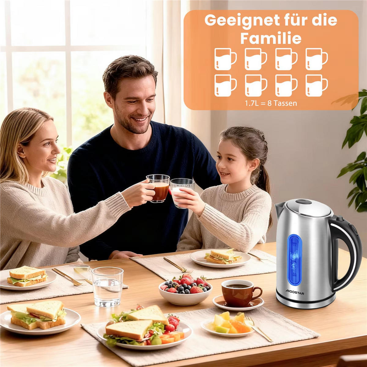 WASSERKOCHER Edelstahl 1,7L 2200W LED Kalkfilter BPA-frei - Silberfarben, Metall (1/1/1cm) - Kaket