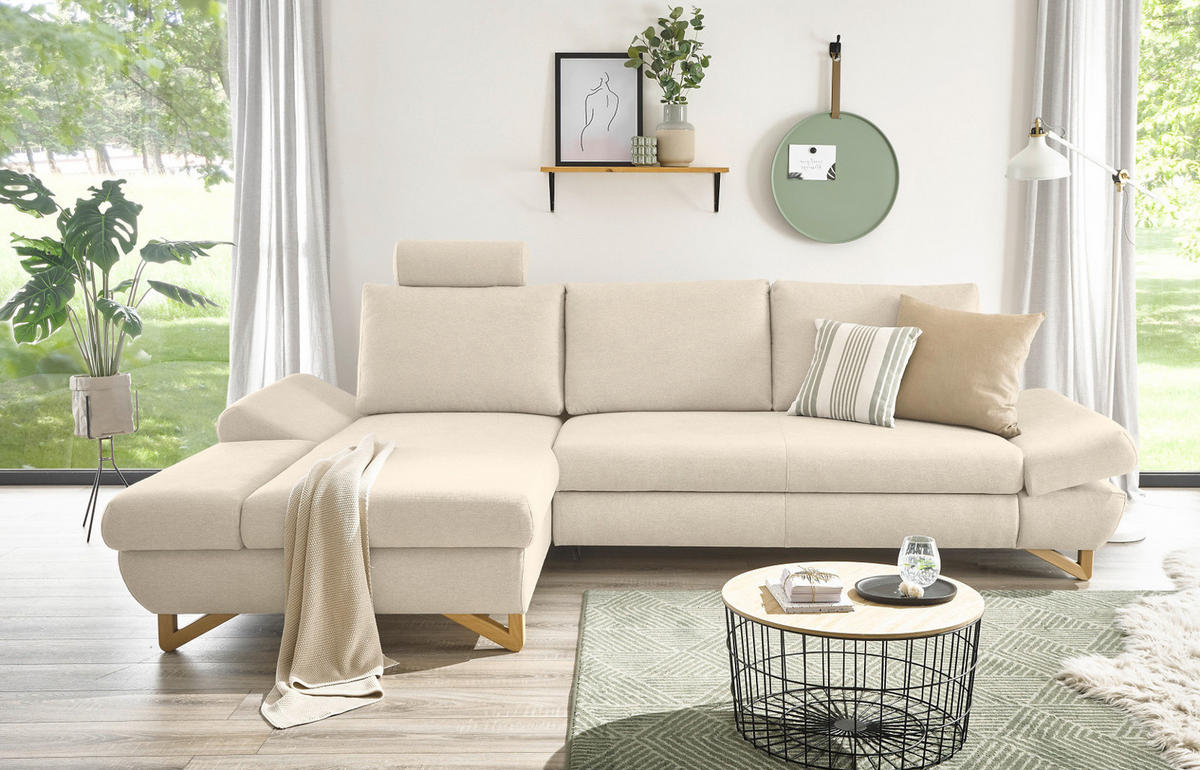ECKSOFA creme Velours, Wohnzimmer Sofa - Creme, Holz/Textil (166/284cm) - Furn.Design