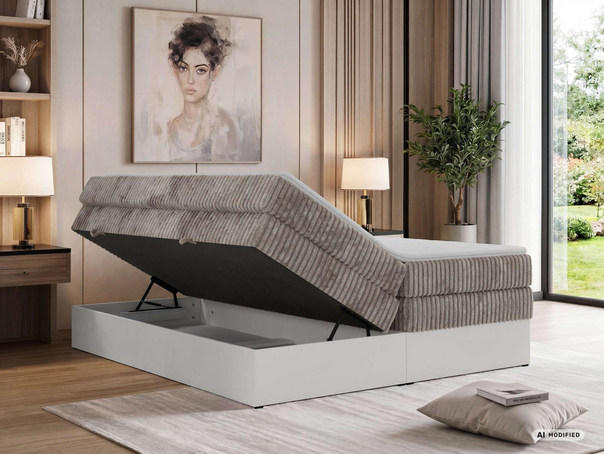 BOXSPRINGBETT TRAVIT ZERO KING 180/200 - Hellbraun Cord - Topper T25 - H3 - Hellbraun/Schwarz, Kunststoff/Textil (180/200cm) - MKS