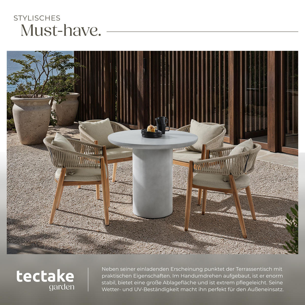 RUNDER-GARTENTISCH Talmi,inkl. Bodenschoner, 86,5 x 75,5 cm,betongrau - Grau, Keramik (86.5/86.5/75.5cm) - tectake