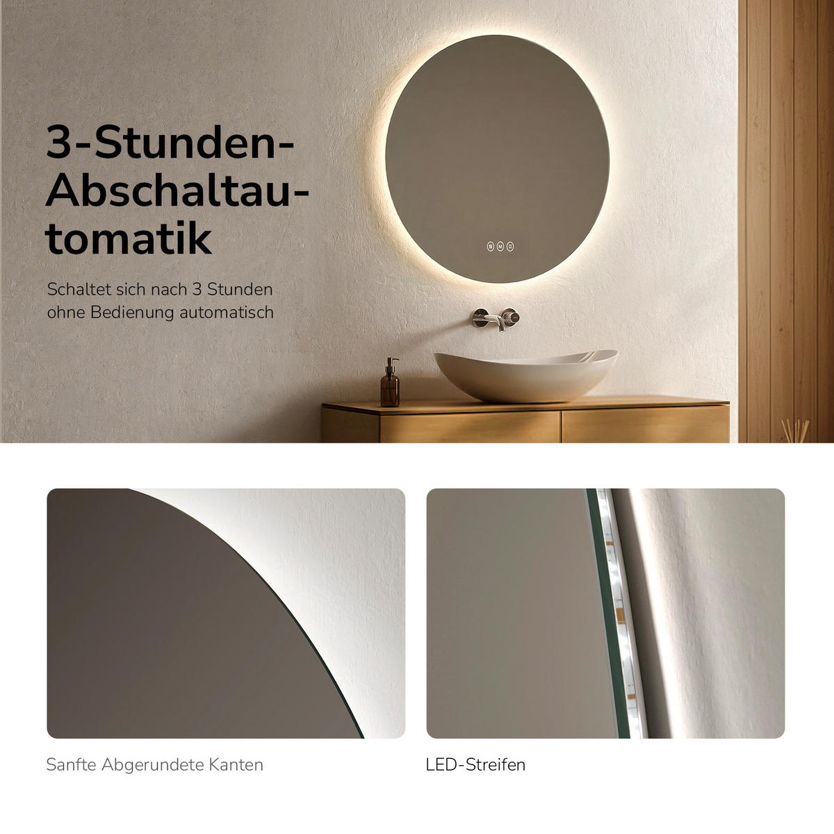 BADRUMSSPEGEL, rund med belysning, ramlös, 3 ljusfärger, imfri, Ø 80 cm - Transparent, Glas (80/80/3cm) - EMKE
