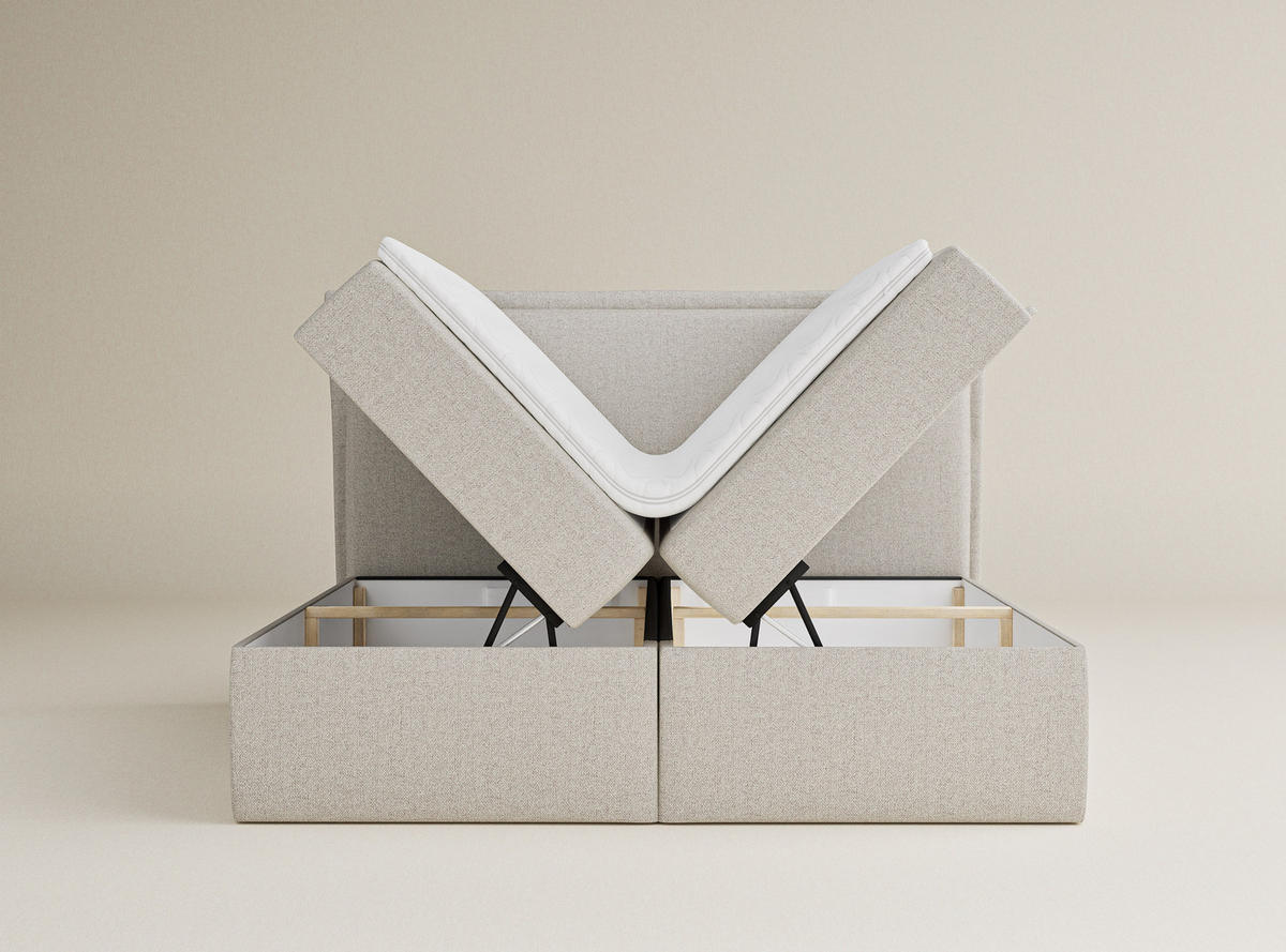 BOXBETT Saffron 200/200 cm, in Ecru, Bettkasten, Matratze, Topper - Ecru/Schwarz, Holz/Holzwerkstoff (200/200cm) - Maison de Reve