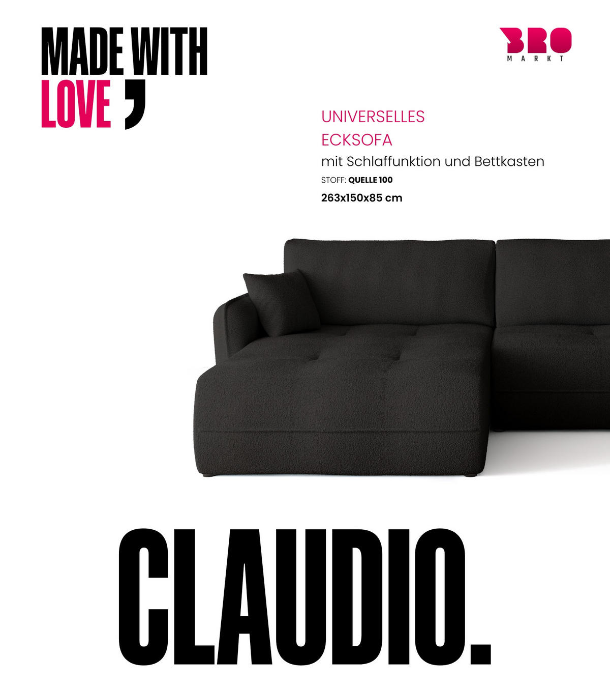 ECKSOFA CLAUDIO mit Schlaffunktion Schwarz - Schwarz, Textil (263/150cm) - Bromarkt