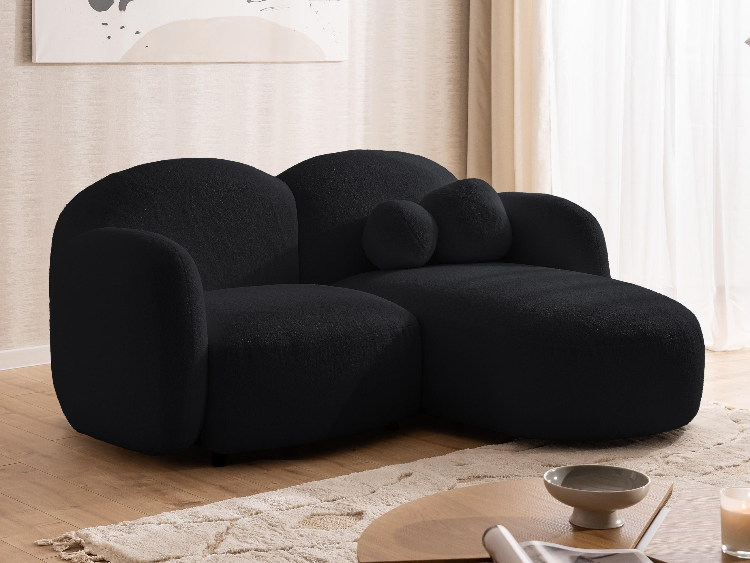 ECKSOFA Nuvola mit abgerundetem Design Schwarz Bouclé-Stoff - Ottomane Rechts - Schwarz, Holz/Kunststoff (190/146cm) - S-Style Möbel