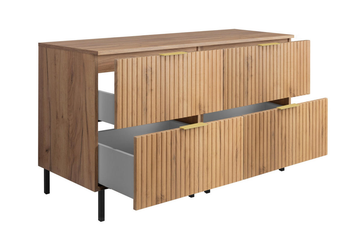 WASCHBECKUNTERSCHRANK, Eiche Craft, 120 (2 x 60) x 77 x 46 cm, goldener Griff, schwarze Beine + Arbeitsplatte - Eichefarben/Silberfarben, Holzwerkstoff (120/77/46cm) - 3XE LIVING