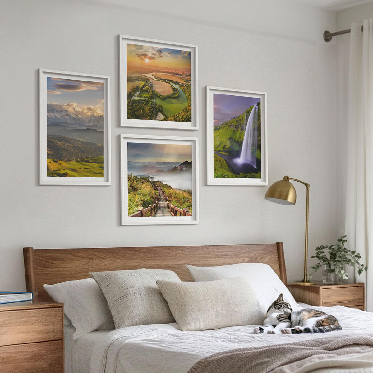 WANDBILDER 4er-Set - 50x50 cm & 40x60 cm Weißer Rahmen - Ausblicke auf Berge, Flüsse und Wasserfälle - Weiß, Kunststoff (50/50cm) - ArtPrintCave