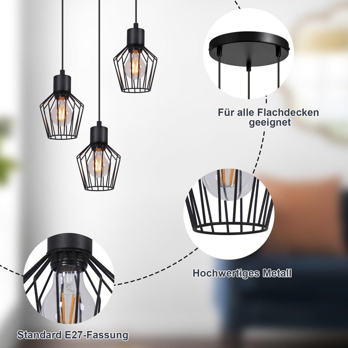 HÄNGELEUCHTE Ziel 3-flammig 22/22/150 cm - Schwarz, Metall (22/22/150cm) - Nettlife