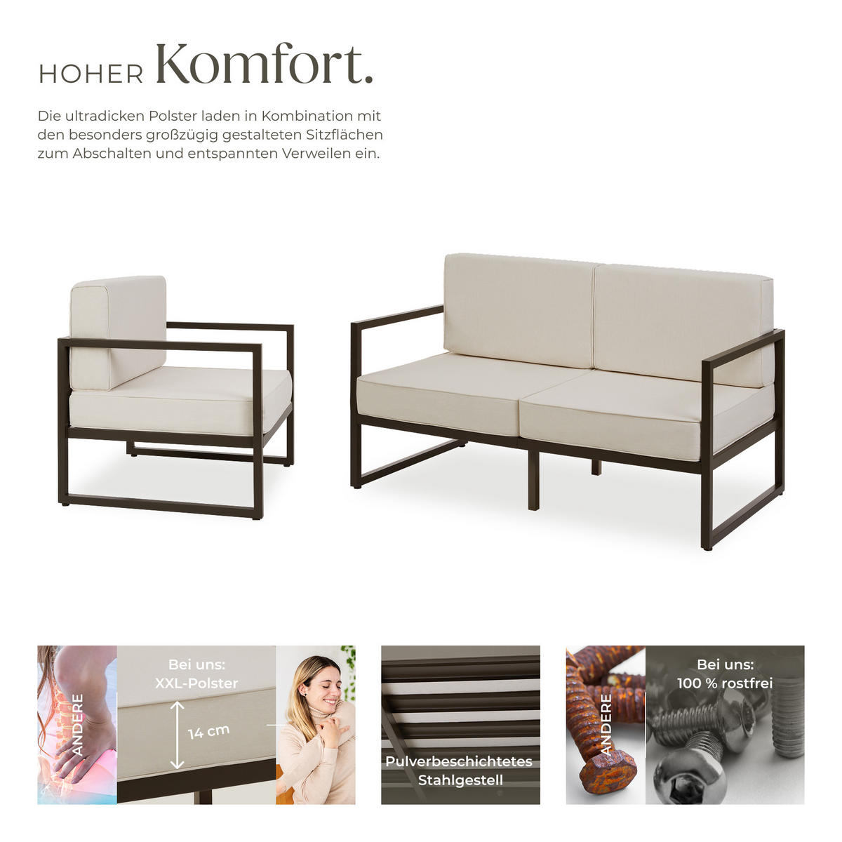 GARTEN-LOUNGESET Comosa,höhenverstellbare Füße,braun/beige - Beige/Braun, Kunststoff - tectake