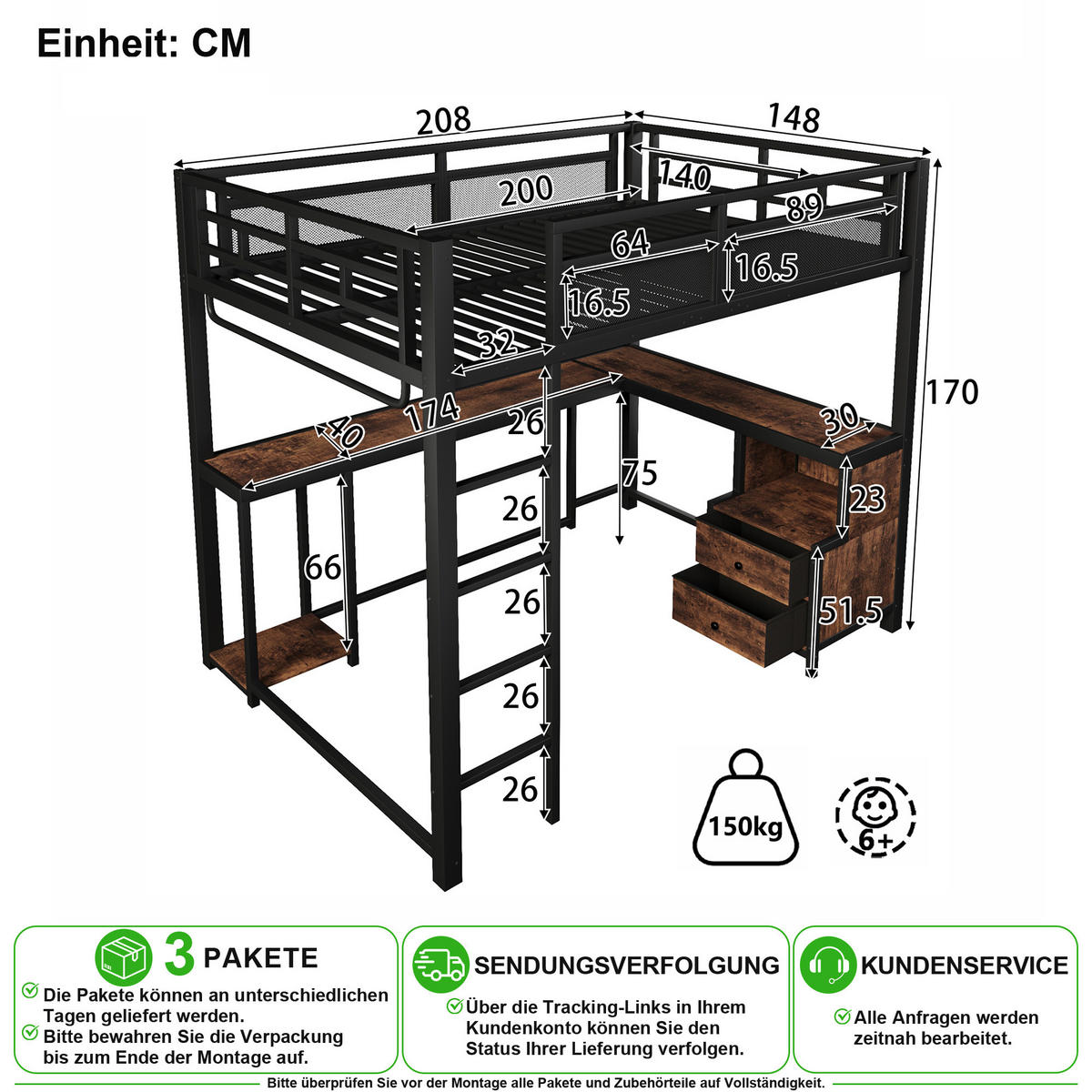 VYVÝŠENÁ POSTEL 140/200 cm v černé barvě s LED osvětlením, USB a psacím stolem - černá, kov/dřevo (140/200cm) - CHICFURN