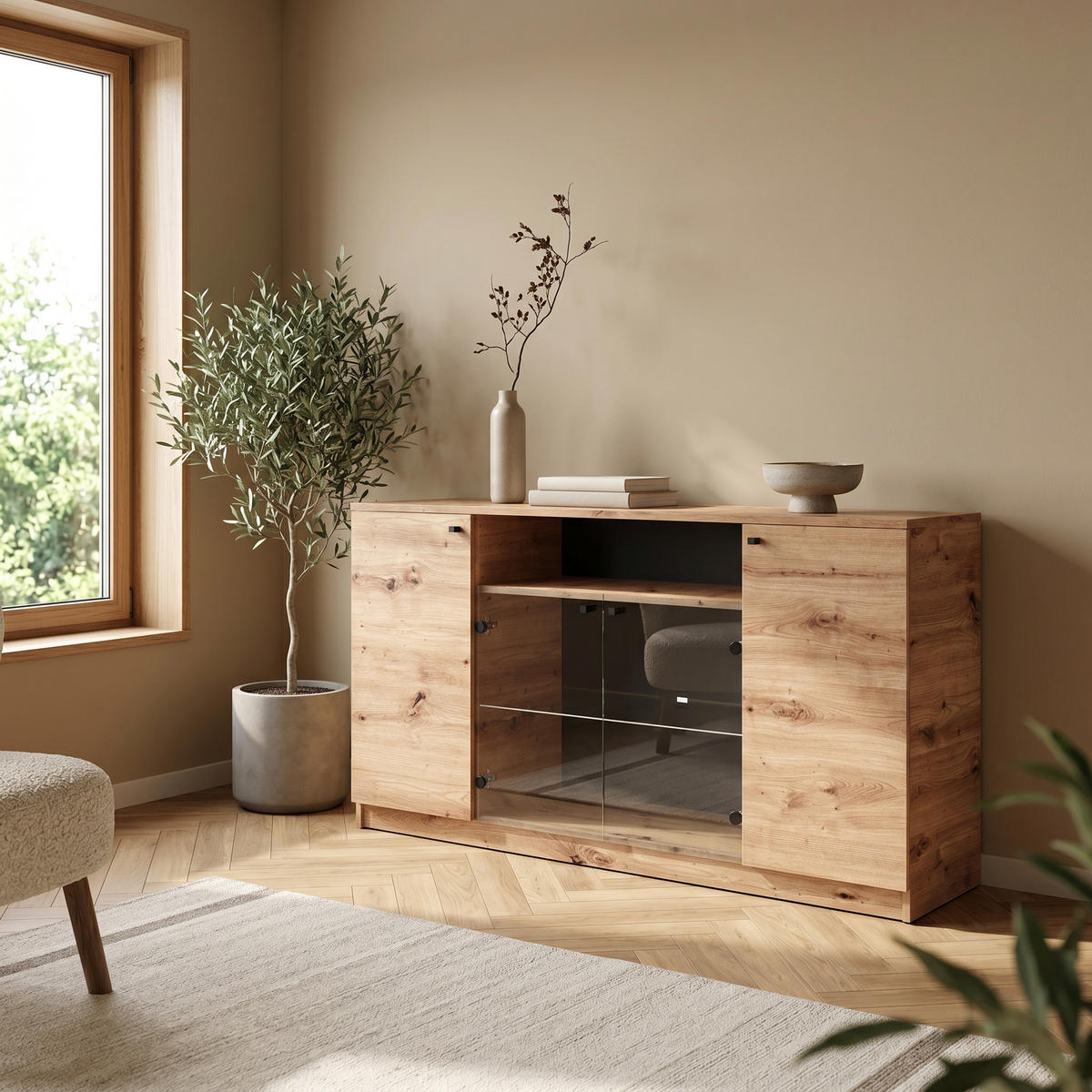 KOMMODE NATURIO 160/87/40cm mit 4 Türen Eiche Artisan - Eiche Artisan, Holzwerkstoff (160/87/40cm) - MASSENO
