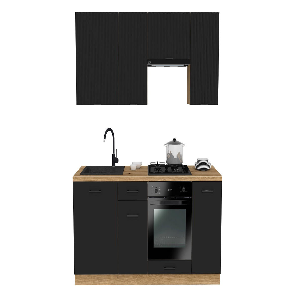 KÜCHENZEILE 200 cm mit Arbeitsplatte - SIMPLY Z8 - in Schwarz Matt / Rille / Eiche - Eichefarben/Schwarz, Holz/Holzwerkstoff (200/212/53cm)