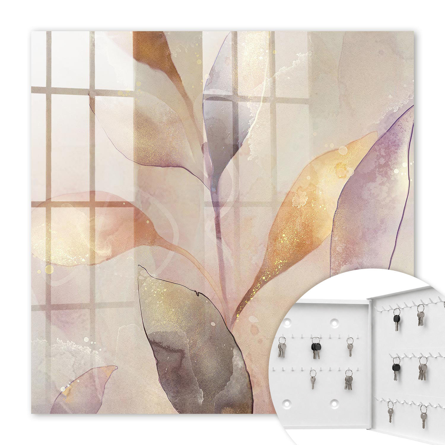 SCHLÜSSELBOX Weiß 30x30 cm – Türöffnung nach rechts - Pastellfarbene Blätter - Beige, Metall (30/30/5cm) - TULUP