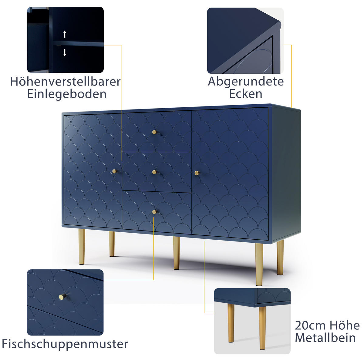 SIDEBOARD 2 Türen und 3 Schubladen, Verstellbare Ablage Blau 120/40/82CM - Blau, Holzwerkstoff/Metall (40/82/120cm) - Urban Meuble