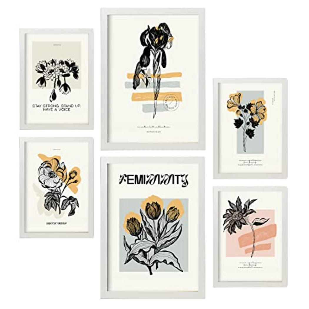 POSTER Set Mit 6 In Schwarzer Tinte Blumen Kunstdrucke Im Skizzenstil Für Innenarchitektur A3 & A4 Weißer Rahmen - Weiß, Papier (29/3cm) - Nacnic