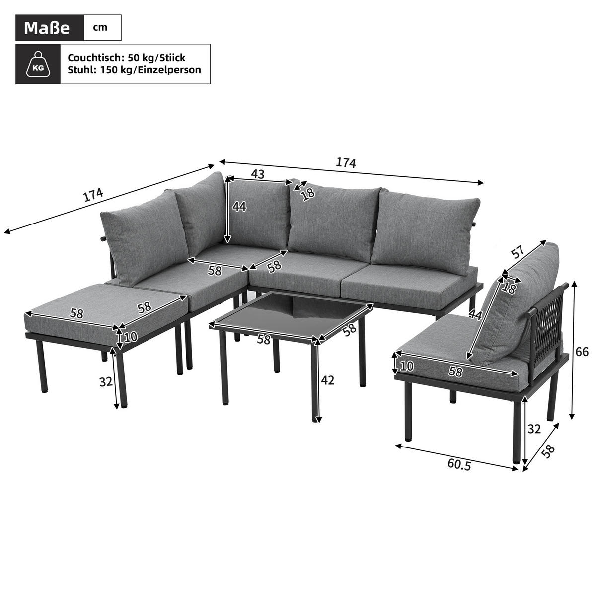 GARTENSET 231x174x66cm grau aus Stahl und Olefin, verstellbar - Grau, Metall - Modfu