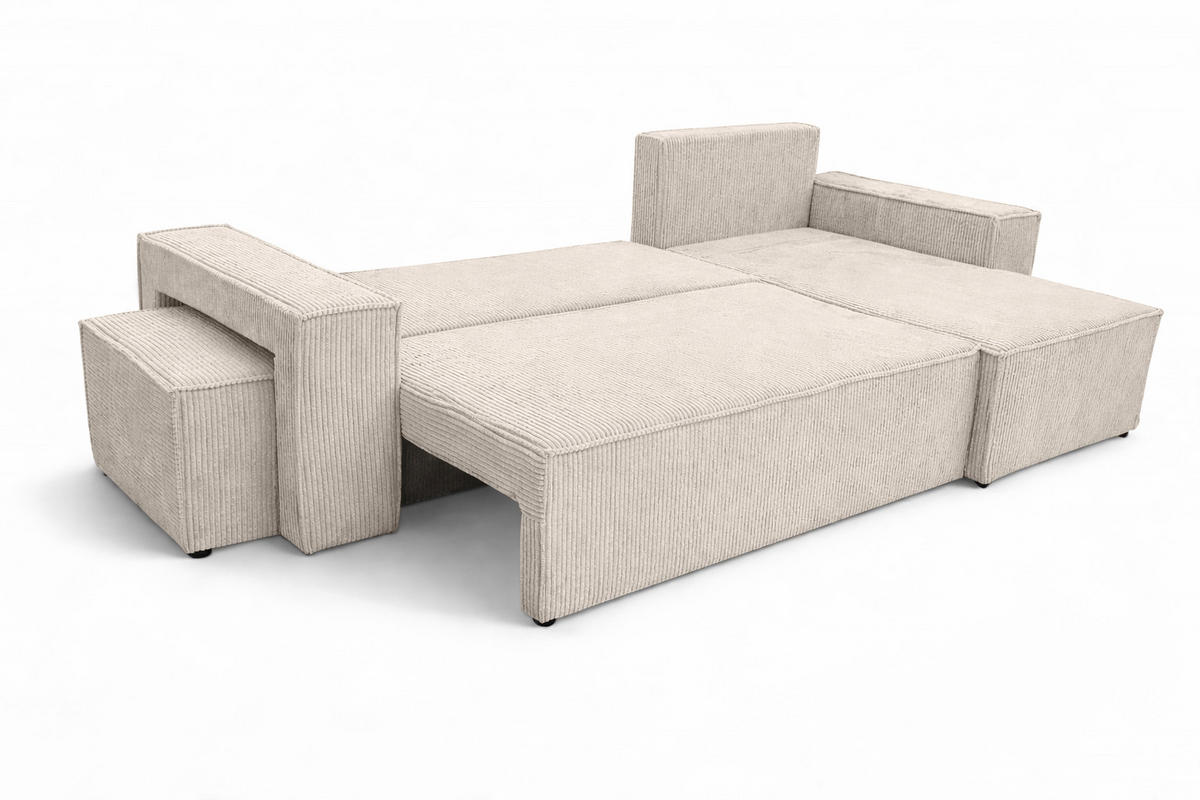 ECKSOFA Mit Schlaffunktion Und Pouf, Cordstoff Poso, Beige, Rechts, Best L Mit Pouf - Creme, Holz (244/145cm) - Kaiser Möbel