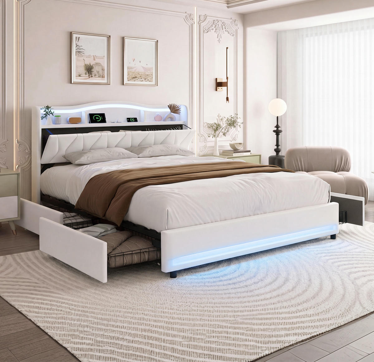 POLSTERBETT 160x200 cm Beige mit LED, USB-C, 4 Schubladen - Beige, Holz (160/200cm)