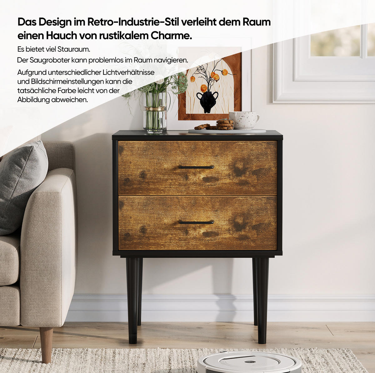 NACHTTISCH mit 2 Schubladen 51/38/66 cm in Antikbraun im Retro-Industrial-Stil - Braun, Holzwerkstoff (38/66/51cm) - BEAOK
