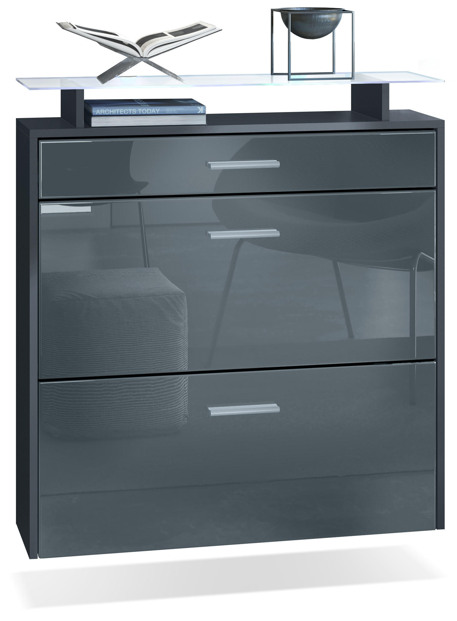 SCHUHSCHRANK Malea Fronten in Grau Hochglanz - Grau, Holzwerkstoff (89/96/23cm) - Vladon