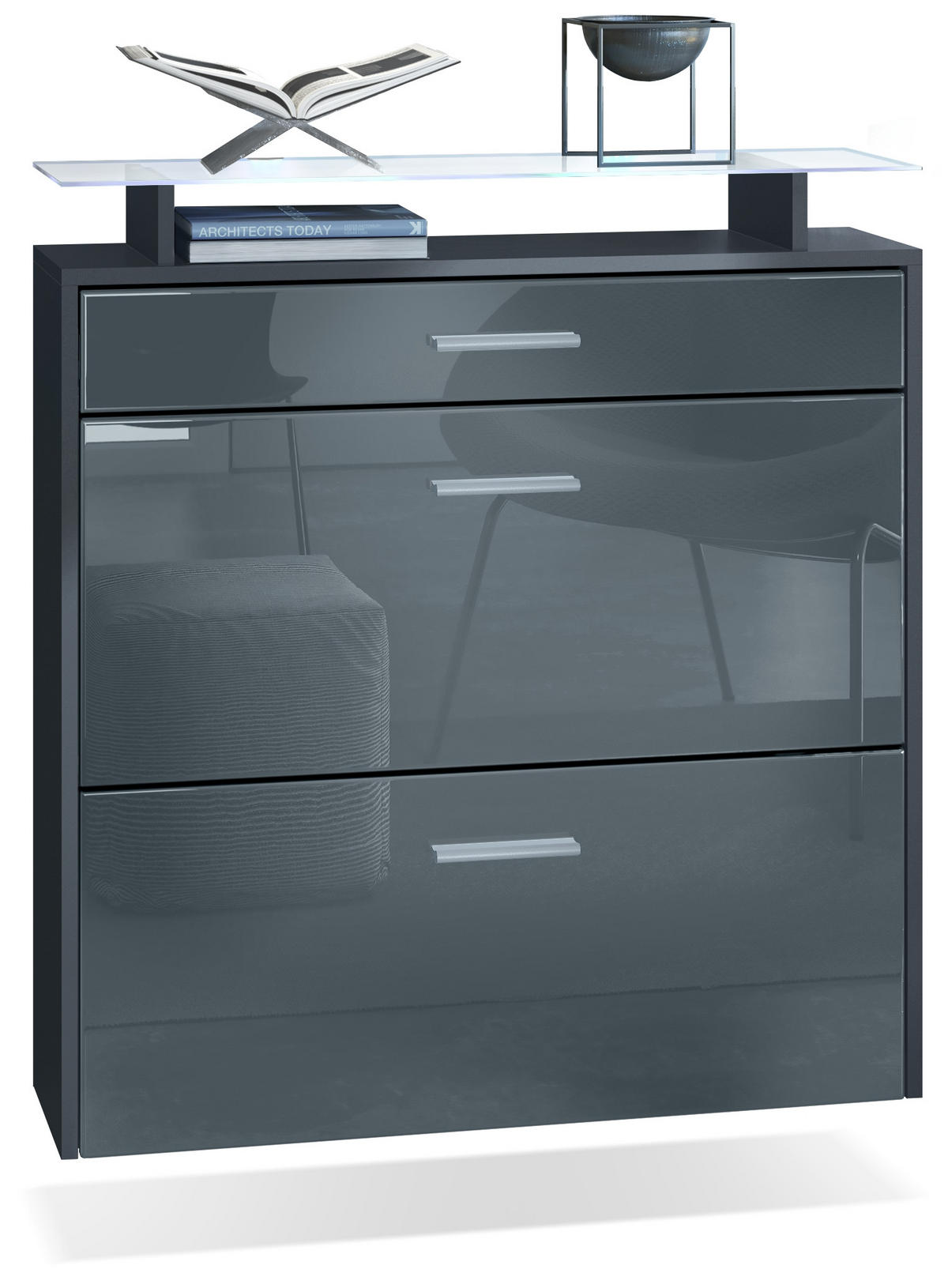 SCHUHSCHRANK Malea Fronten in Grau Hochglanz - Grau, Holzwerkstoff (89/96/23cm) - Vladon