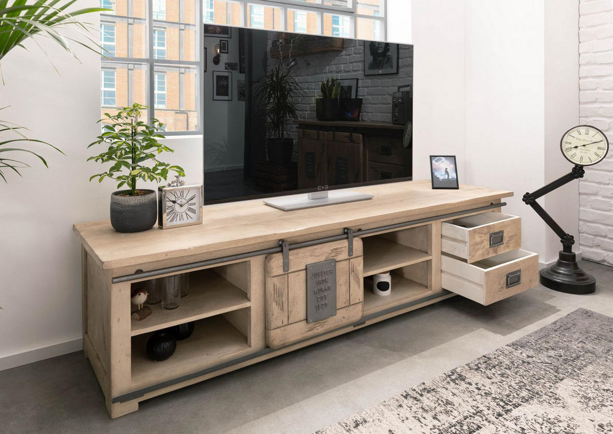 TV-BOARD Mango 200x55x50 whitewash lackiert RAILWAY #336 - Beige, Holz (55/50/200cm) - Massivmoebel24