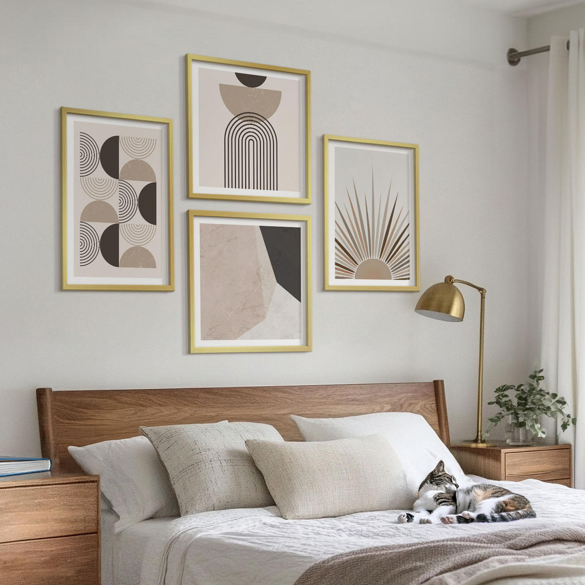 BILDER SET 4er Set - 50x50 cm & 40x60 cm Goldrahmen - Abstrakte beige und braune Formen - Goldfarben, Kunststoff (50/50cm) - TULUP