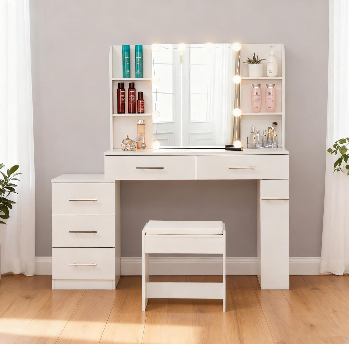 SCHMINKTISCH aus MDF 100x40x136 cm Weiß mit Schiebespiegel, verstecktem Stauraum, LED-Beleuchtung, Kommode, Eckregalen und Hocker - Weiß, Holzwerkstoff (100/136/40.5cm) - Modfu
