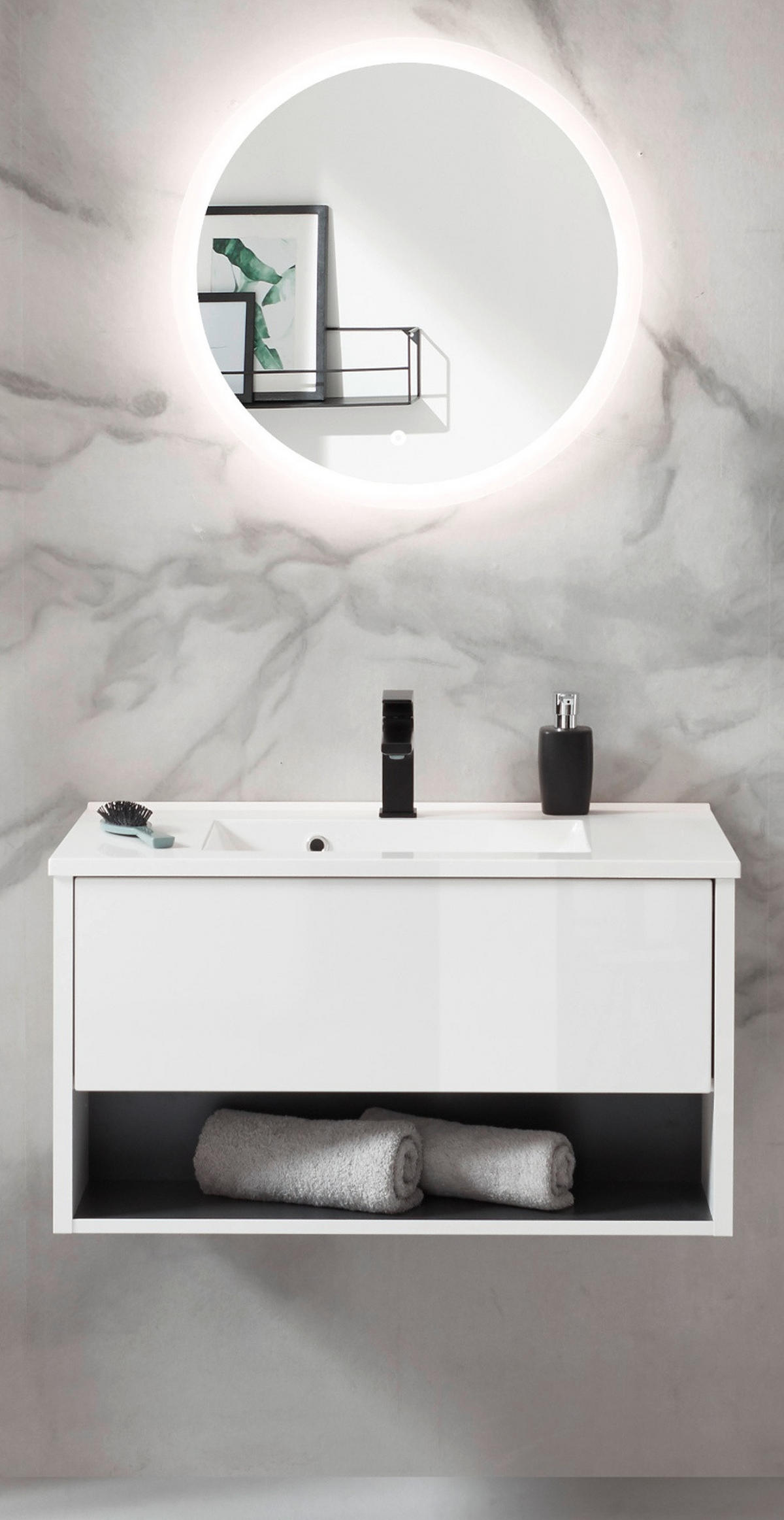 BADMÖBEL Set in weiß Hochglanz und grau mit Waschbecken und LED Beleuchtung 80 x 190 cm Glide - Weiß Hochglanz/Grau, Glas/Holzwerkstoff (80/190/47cm) - Furn.Design