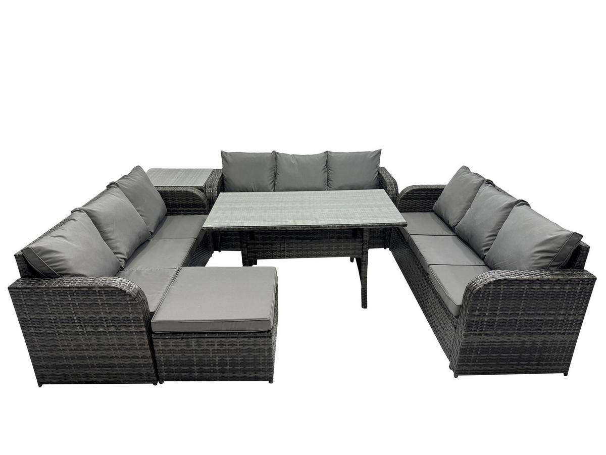 GARTENTISCHGRUPPE mit Beistelltisch,Hocker Polyrattan Dunkelgrau 10-Sitzer - Dunkelgrau/Grau, Glas/Kunststoff - Fimous