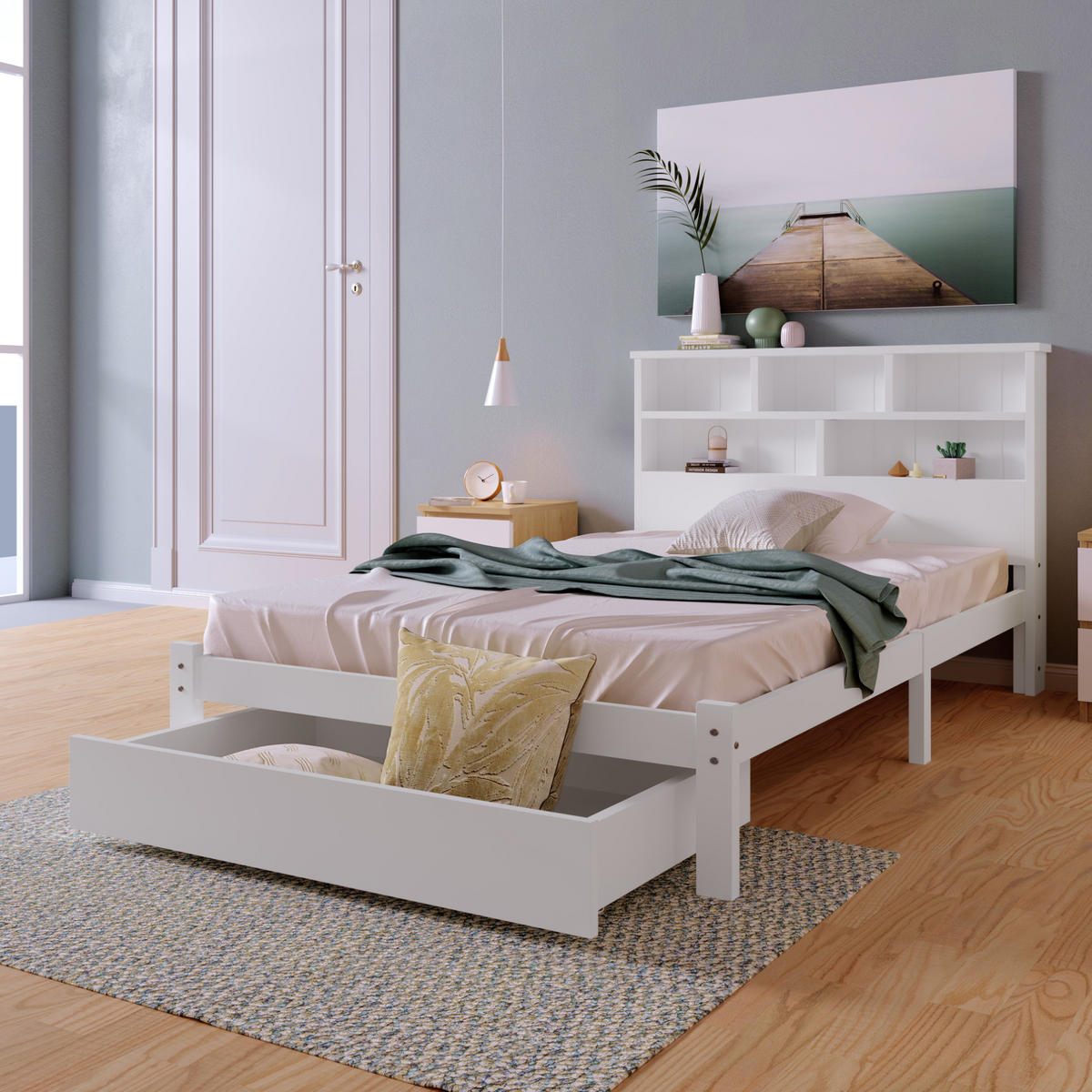 EINZELBETT 90/200 cm aus Massivholz mit Bücherregal-Kopfteil und Schubladen, Weiß - Weiß, Holz - Redom