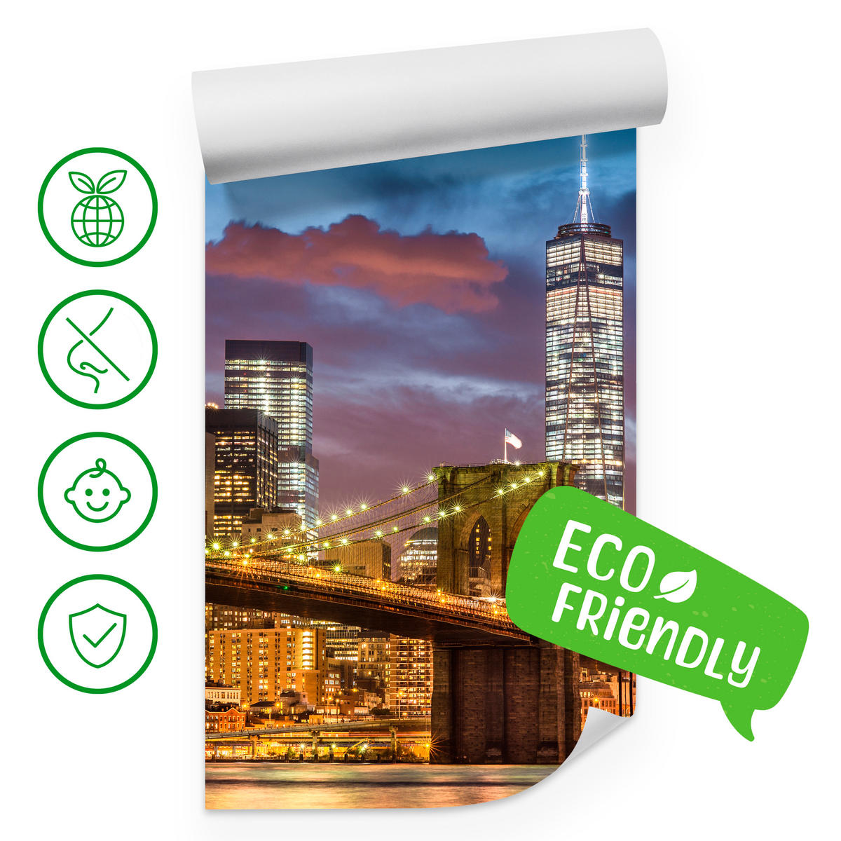 FOTOTAPETE für Wohnzimmer New York Nacht Brooklyn Bridge Wolkenkratzer 300x210 - Blau/Gelb, Papier (300/210cm) - Muralo