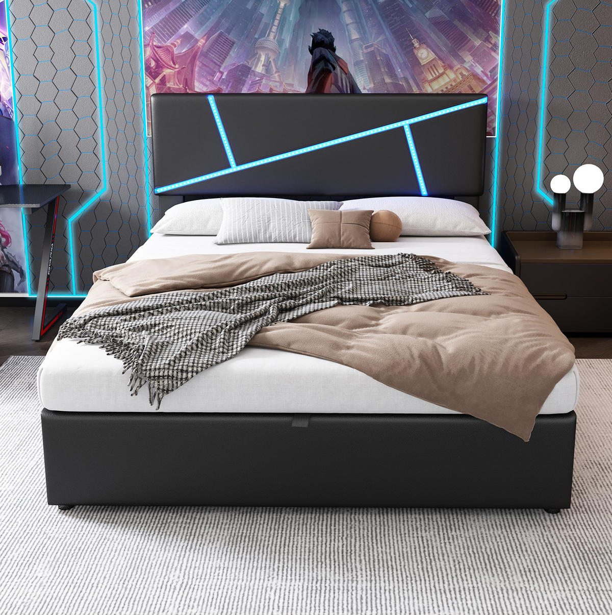TAPECIRANI krevet 90/200 cm crni od PU-a s LED rasvjetom i spremištem - crna, plastika (90/200cm) - OKWISH