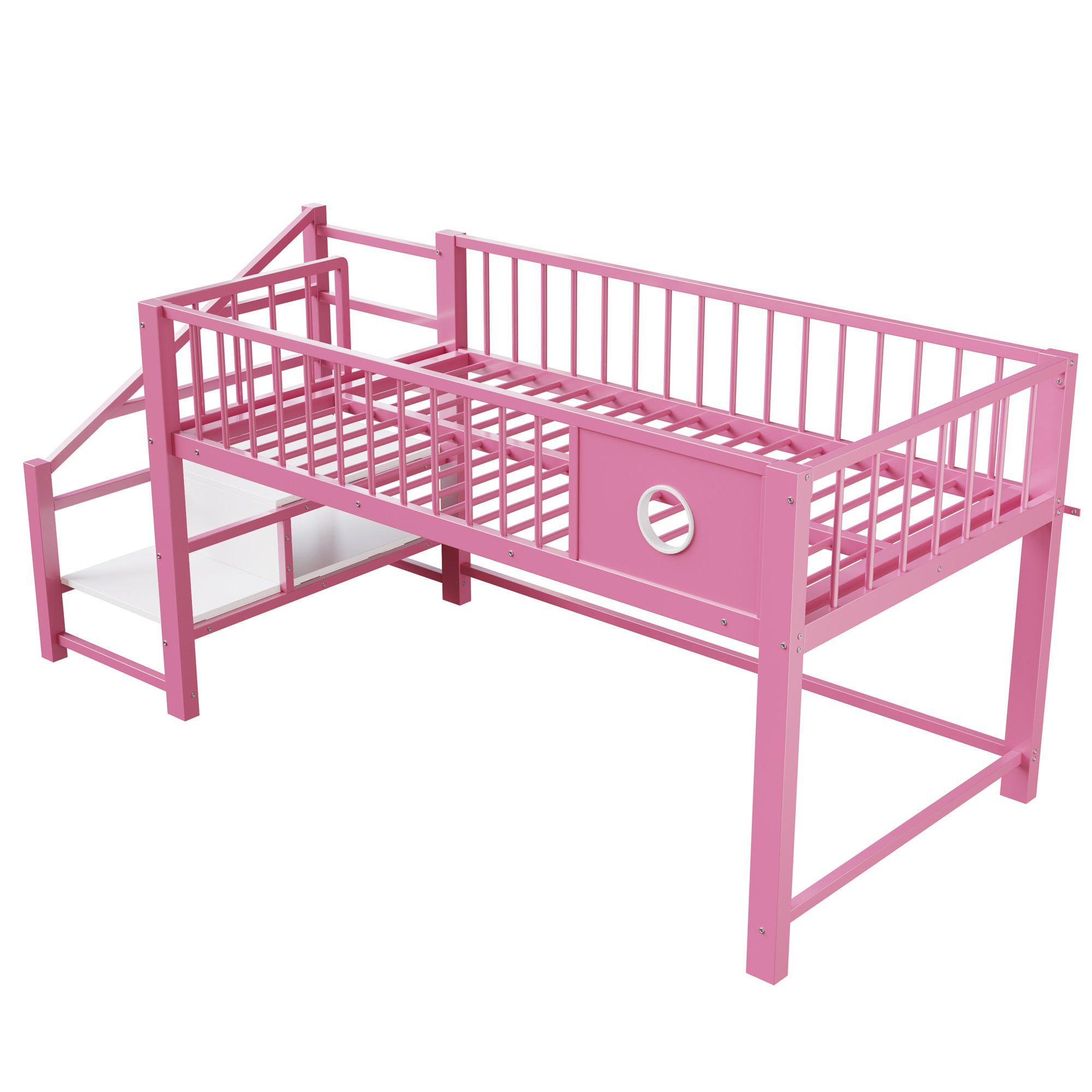 KINDERBETT Rosa aus Metall 90×200cm als niedriges Hochbett mit Stauraumleiter und großem Stauraum unter dem Bett - Rosa, Metall (90/200cm) - Luhomfu