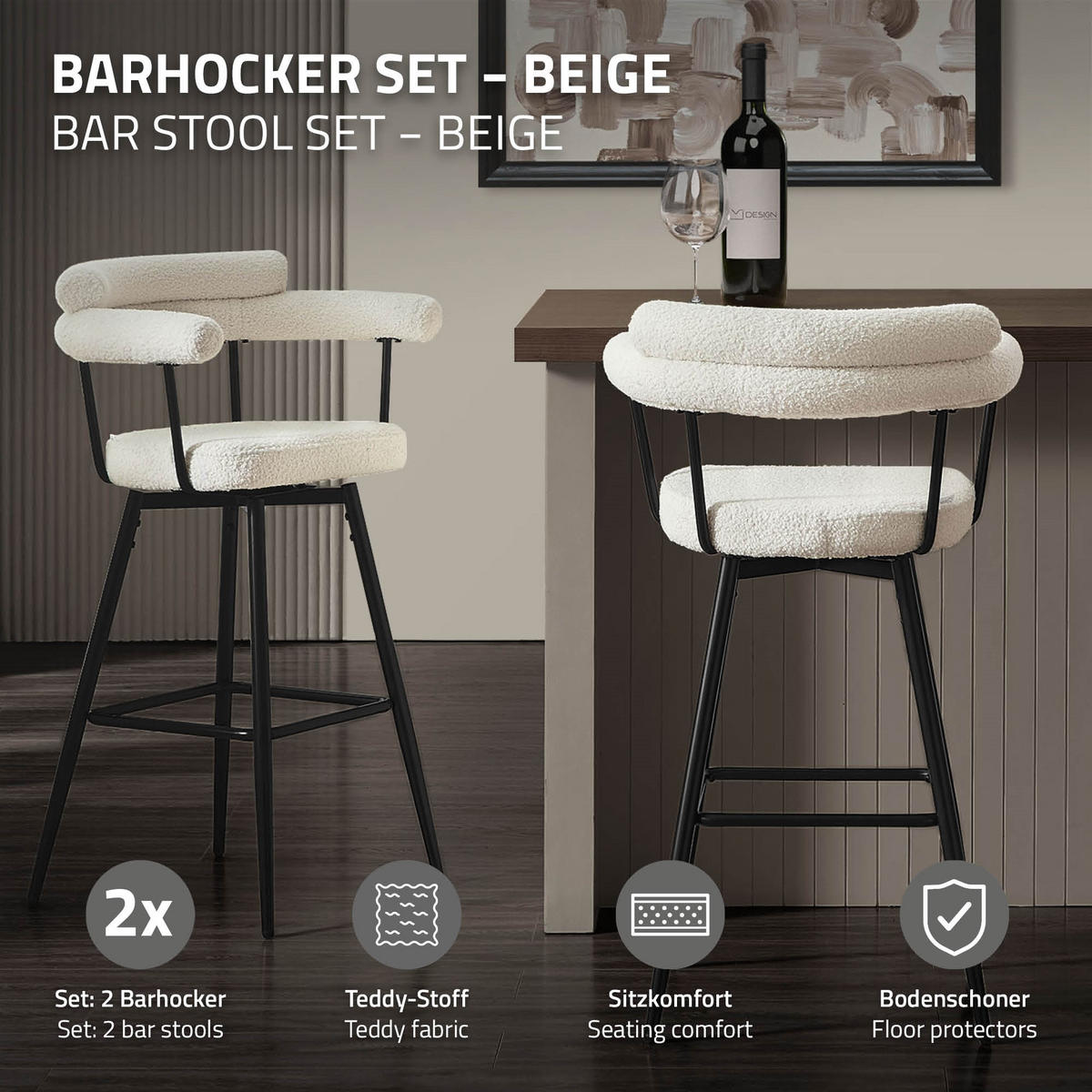 BAROVÉ STOLIČKY sada 2 ks otočné béžové s plyšovým potahem, výška 76 cm - černá/béžová, kov/textil (61/103/55cm) - ML-DESIGN