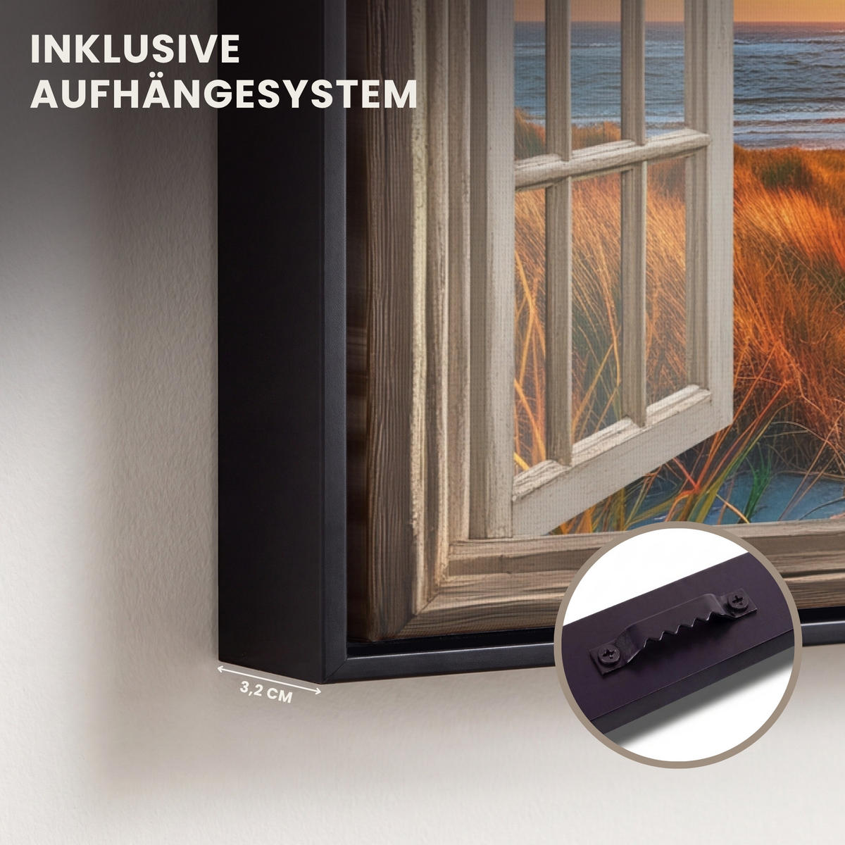 LEINWAND Bilder mit Rahmen - Aussicht - Fenster - Leuchtturm - Sonnenuntergang - Strand - 30x20 - Dunkelorange, Textil (30/20cm) - MuchoWow