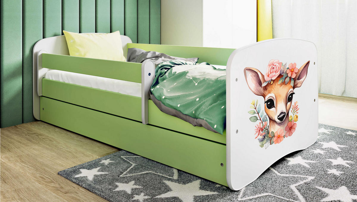 KINDERBETT Emily mit Schublade und Matratze, Grün 70x140 cm - Dunkelorange/Grün, Holzwerkstoff (140/70cm) - WFL GROUP