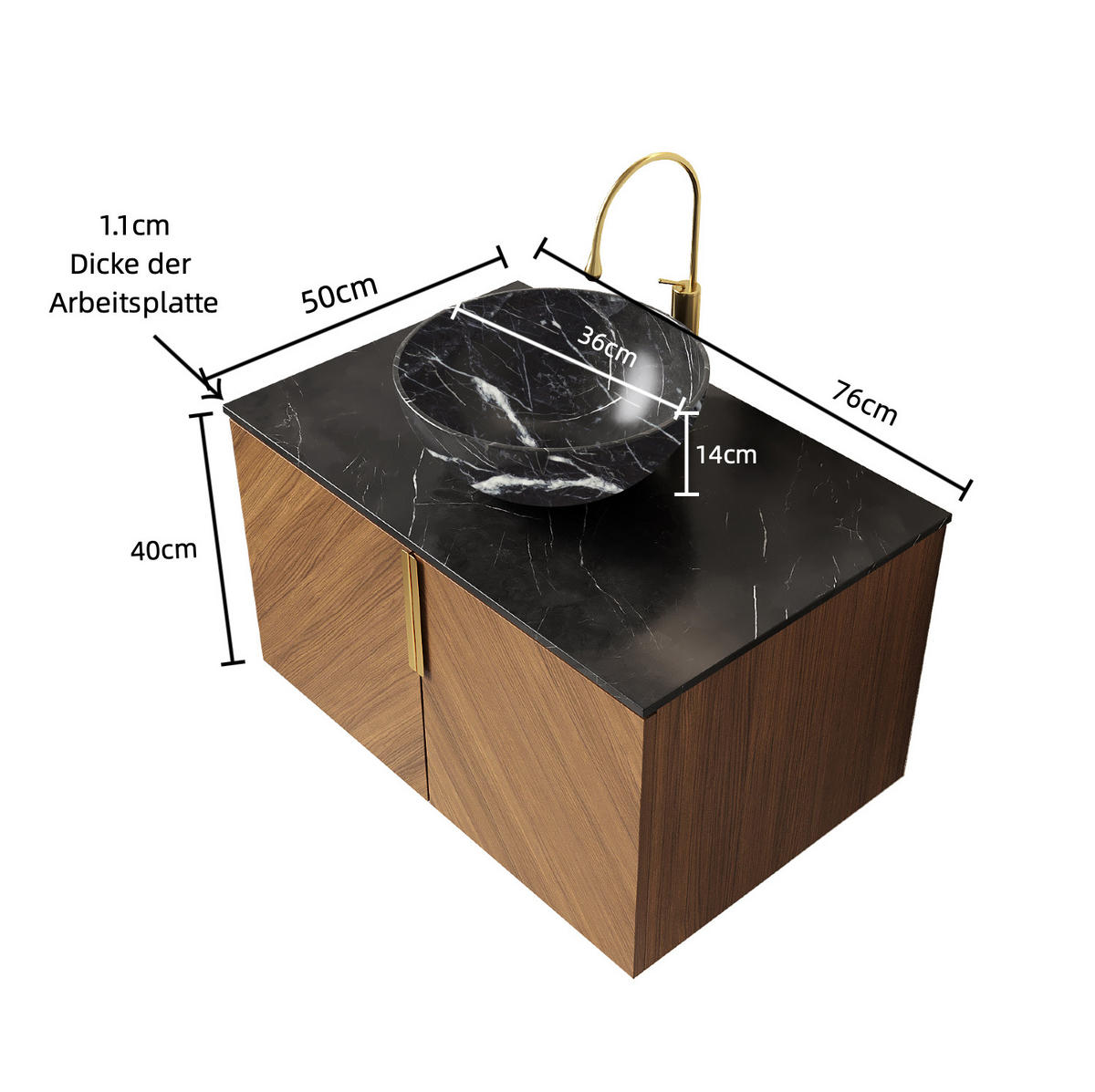 WASCHTISCH 76 cm Wandmontage Schwarz/Braun Eiche 2-türig - Schwarz, Holzwerkstoff (50/55.1/76cm) - Beauniv