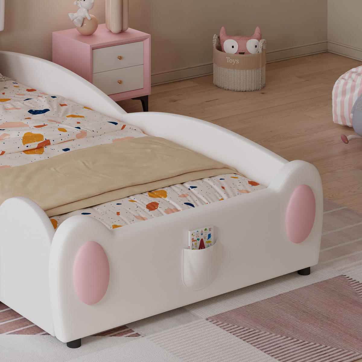 KINDER Polsterbett 90x200 mit Hasen-Design, Rutsche/Treppe, Einzelbett aus Kunstleder, weich, austauschbare Seiten, Spielbett, weiß-rosa - Rosa, Kunststoff (90/200cm)