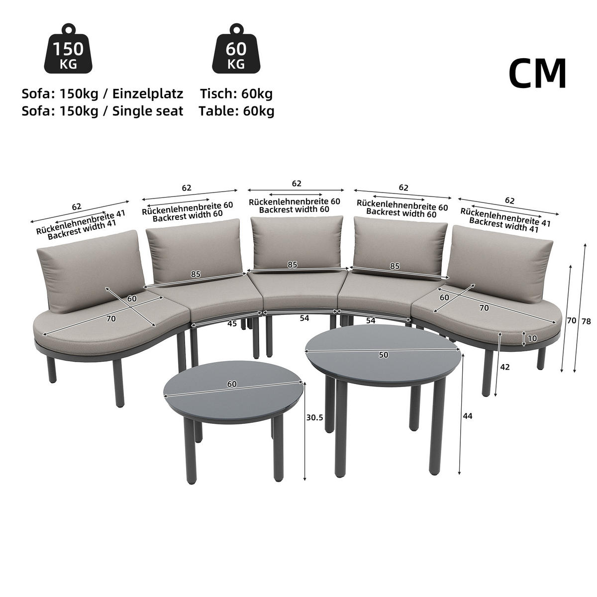 LOUNGEMÖBEL-SET 5-Sitzer mit Sitzkissen - Grau, Glas/Metall - Urban Meuble