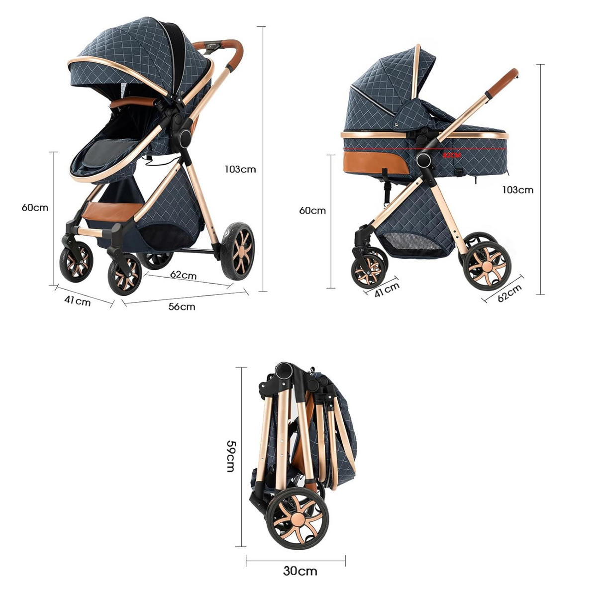 KINDERWAGENSET 3-in-1 mit Autositz, Neugeborenen-Sicherheitsgurt mit fünf Punkten, stoßdämpfend, faltbar, YV9-Blau - Blau, Metall (80/60cm) - Kaket