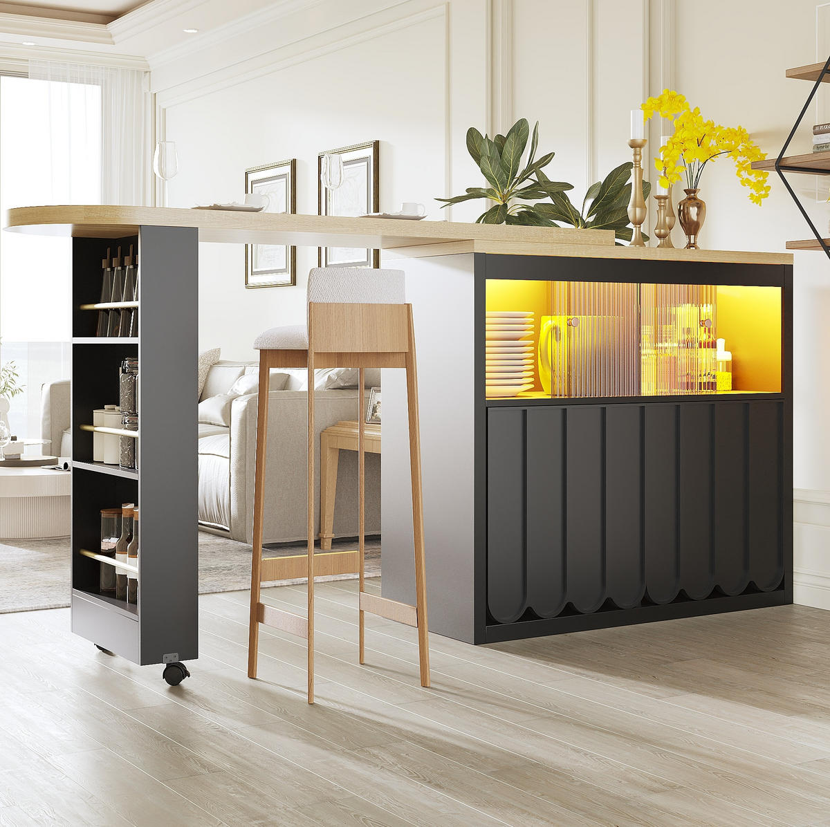 AUSZIEHBARER Bartisch mit LED & Stauraum, 135-205/39/100 cm, Schwarz, mit USB-Anschluss - Schwarz, Holzwerkstoff (39/100/135cm) - Redom