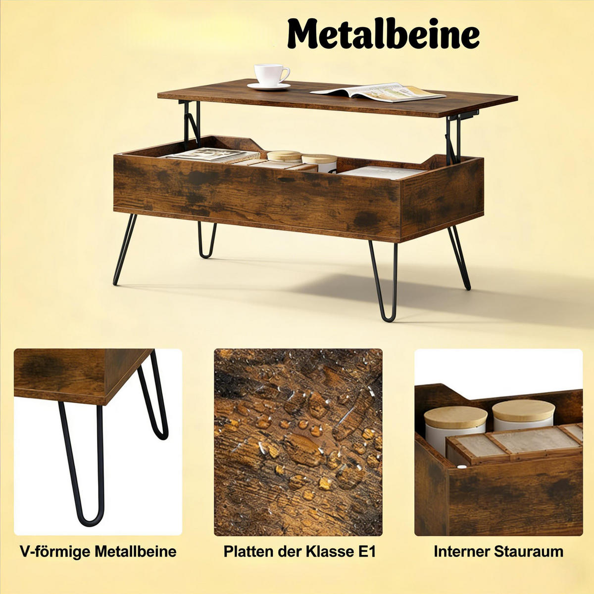 COUCHTISCH aus Holz und Metall 95x50x55,5 cm in Rustikalbraun mit Hubplatte - Braun, Holzwerkstoff (95/50/55.5cm) - Modfu
