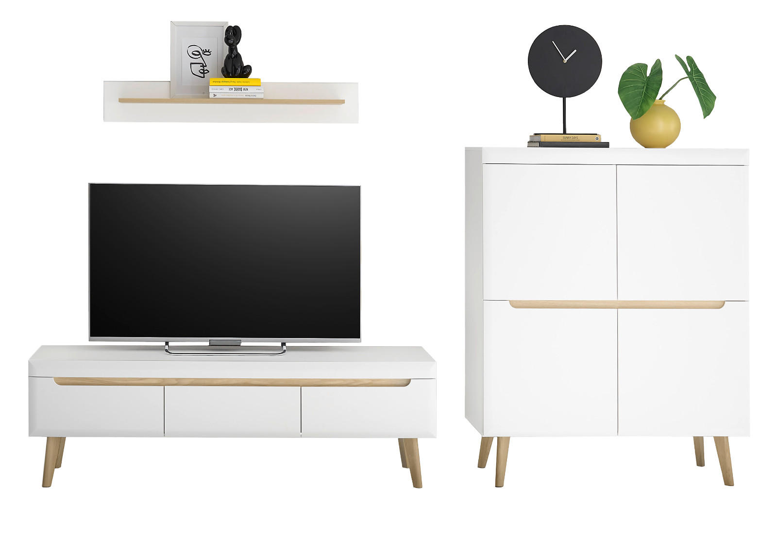 WOHNWAND 3-teilig weiß matt, Eiche, skandinavisch 287 cm, Schrankwand mit Soft-Close - Eichefarben/Weiß, Eichenholz/Holz (287/170/40cm) - Furn.Design