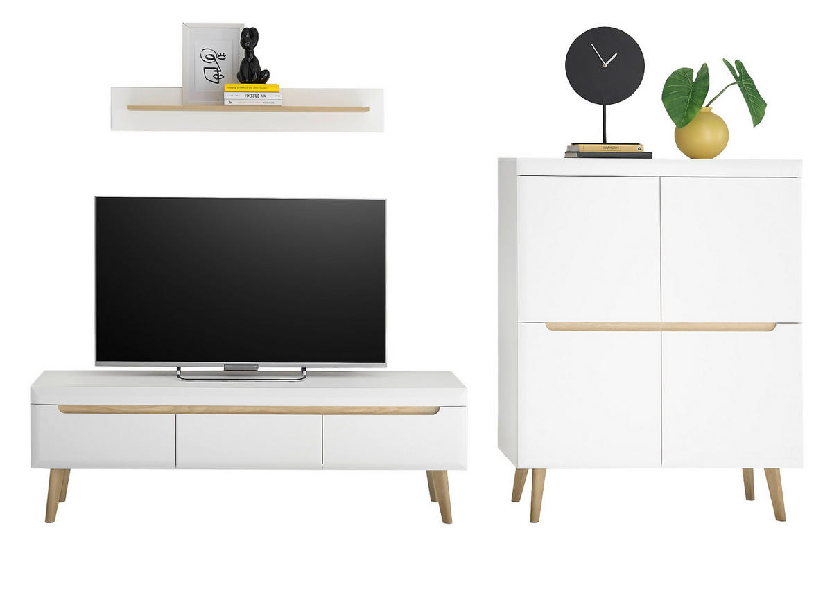 WOHNWAND 3-teilig weiß matt, Eiche, skandinavisch 287 cm, Schrankwand mit Soft-Close - Eichefarben/Weiß, Eichenholz/Holz (287/170/40cm) - Furn.Design