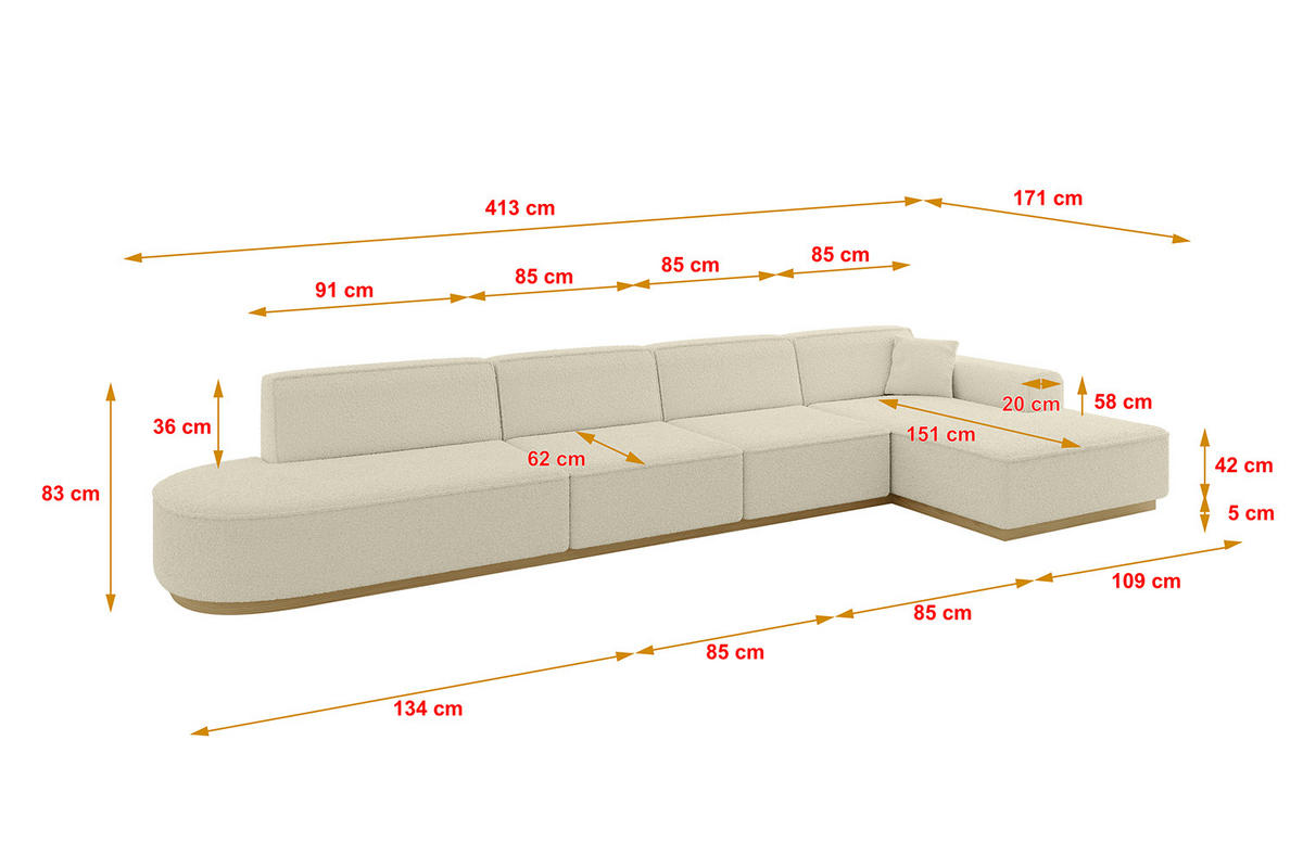 ECKSOFA Ottomane Rechts IREA-L3-v2 - 413x171x83 cm Beige - Ecru/Creme, Holzwerkstoff/Textil (171/413cm) - ALTDECOR